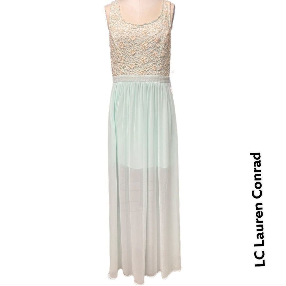 LC LAUREN CONRAD crochet lace sleeveless sheer mint maxi dress + size 10